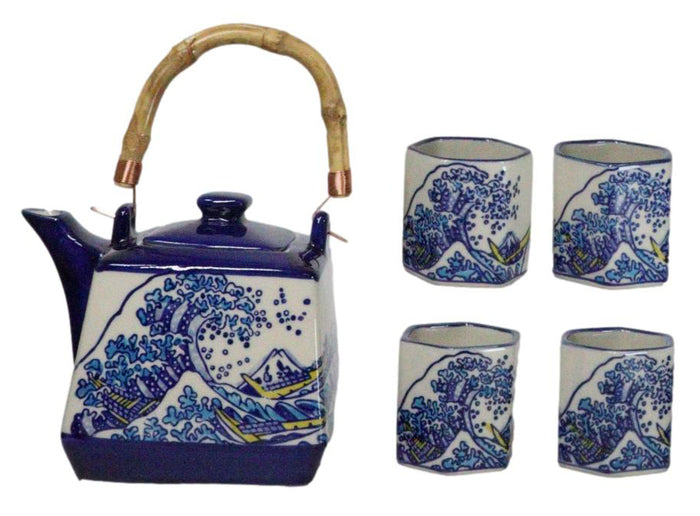 ebros gift Blue White Great Wave Of Kanagawa Hokusai Hexagonal Teapot With 4 Tea Cups Set