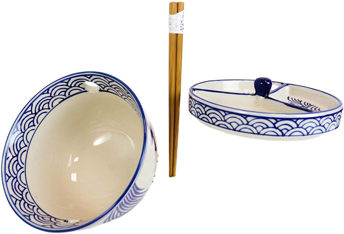 Ebros Gift Blue White Koi Fish Ramen Bowl With Tempura Divider Condiment Lid Chopsticks Set