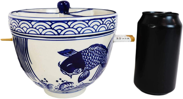 Ebros Gift Blue White Koi Fish Ramen Bowl With Tempura Divider Condiment Lid Chopsticks Set