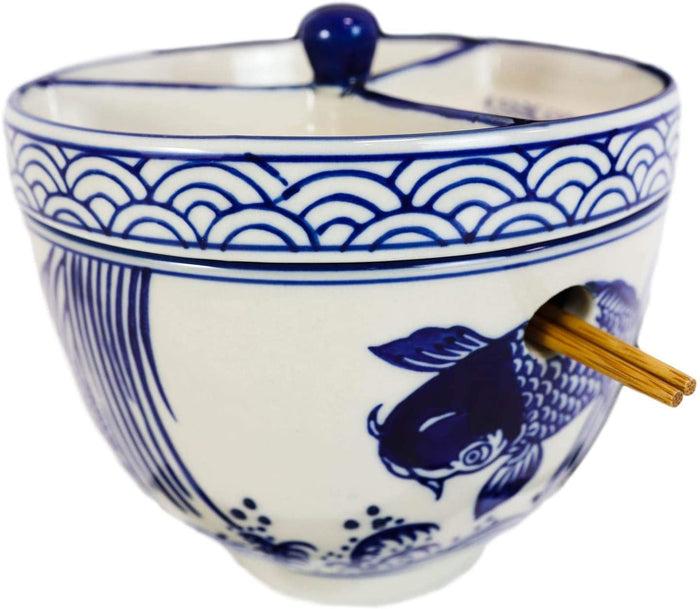 Ebros Gift Blue White Koi Fish Ramen Bowl With Tempura Divider Condiment Lid Chopsticks Set