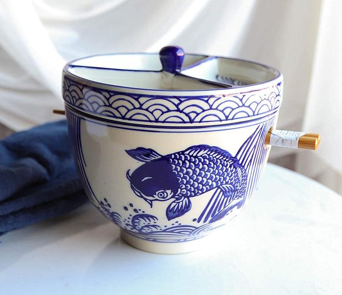 ebros gift Blue White Koi Fish Ramen Bowl With Tempura Divider Condiment Lid Chopsticks Set