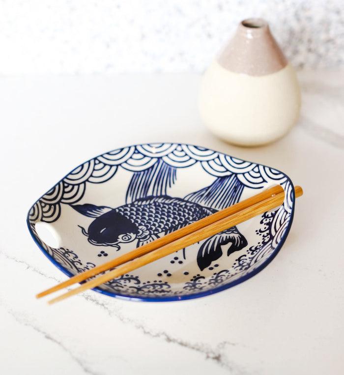 Ebros Gift Blue White Koi Fish Small Appetizer Coupe Plate Flat Bowl With Chopsticks Set