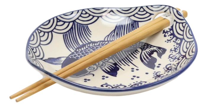 Ebros Gift Blue White Koi Fish Small Appetizer Coupe Plate Flat Bowl With Chopsticks Set