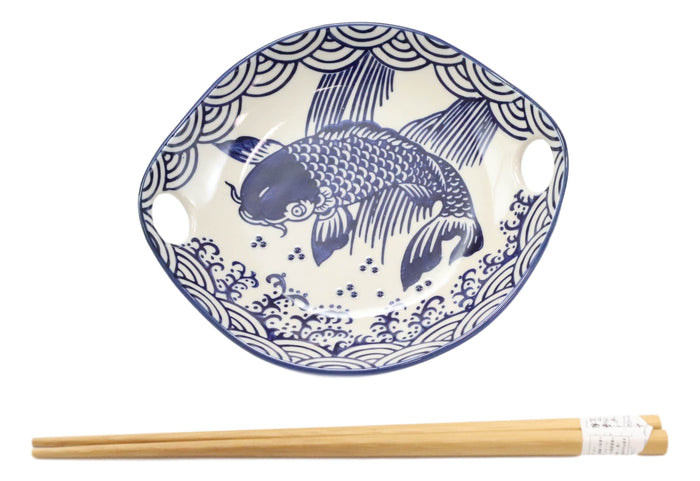Ebros Gift Blue White Koi Fish Small Appetizer Coupe Plate Flat Bowl With Chopsticks Set