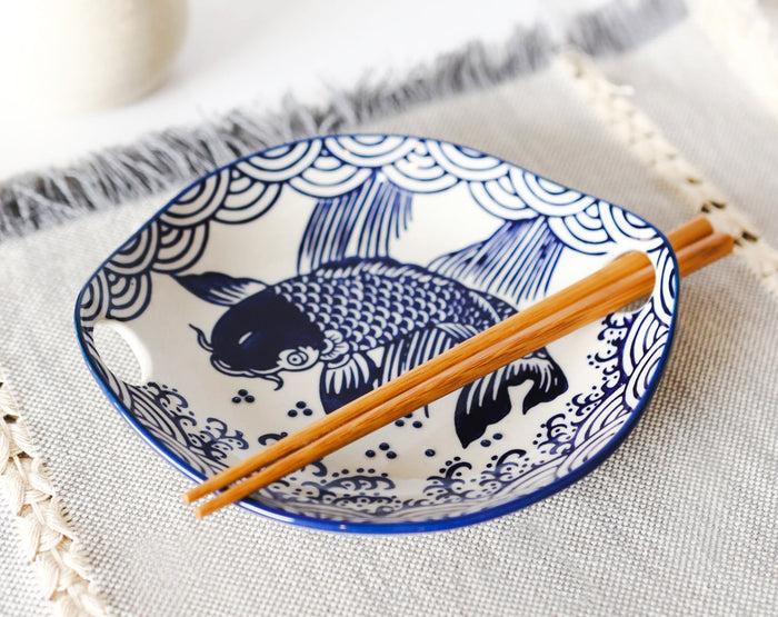 ebros gift Blue White Koi Fish Small Appetizer Coupe Plate Flat Bowl With Chopsticks Set