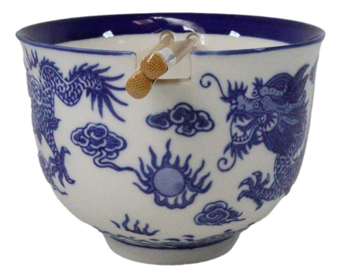 Ebros Gift Blue White Oriental Dragon King Ceramic Donburi Ramen Bowl With Chopsticks Set