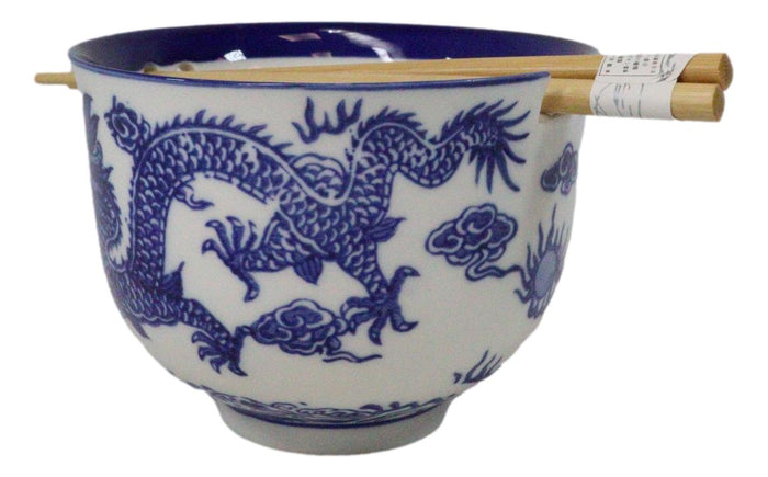 Ebros Gift Blue White Oriental Dragon King Ceramic Donburi Ramen Bowl With Chopsticks Set
