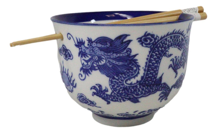 ebros gift Blue White Oriental Dragon King Ceramic Donburi Ramen Bowl With Chopsticks Set