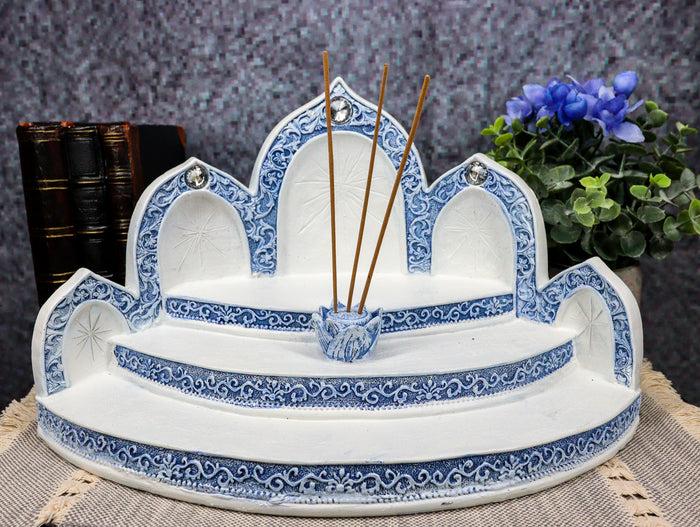 ebros gift Blue White Tibetan Buddhism Altar Miniature Display With Lotus Incense Holder