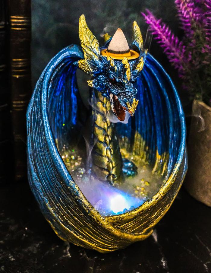 ebros gift Blue Wise Dragon Guarding LED Light Crystals Smoky Backflow Cone Incense Burner