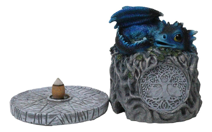 Ebros Gift Blue Wyrmling Dragon Sleeping On Tree Of Life Stump Cone Incense Burner Figurine