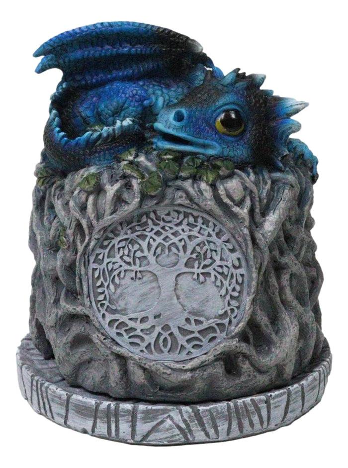 ebros gift Blue Wyrmling Dragon Sleeping On Tree Of Life Stump Cone Incense Burner Figurine