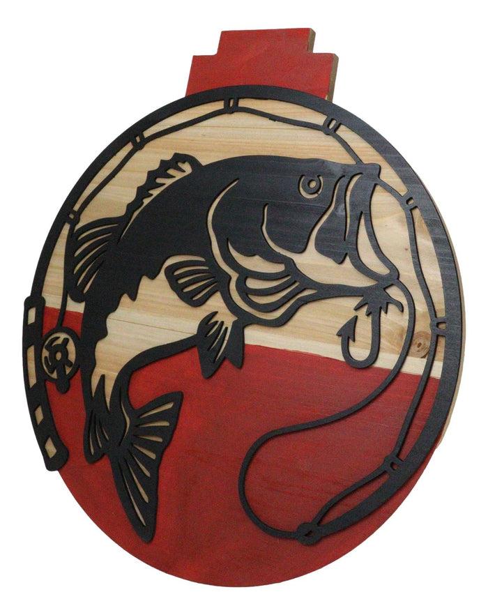 Ebros Gift Bobber Shaped MDF Wood Fishing Line Rod Hook And Fish Wall Decor Plaque 14.75"H