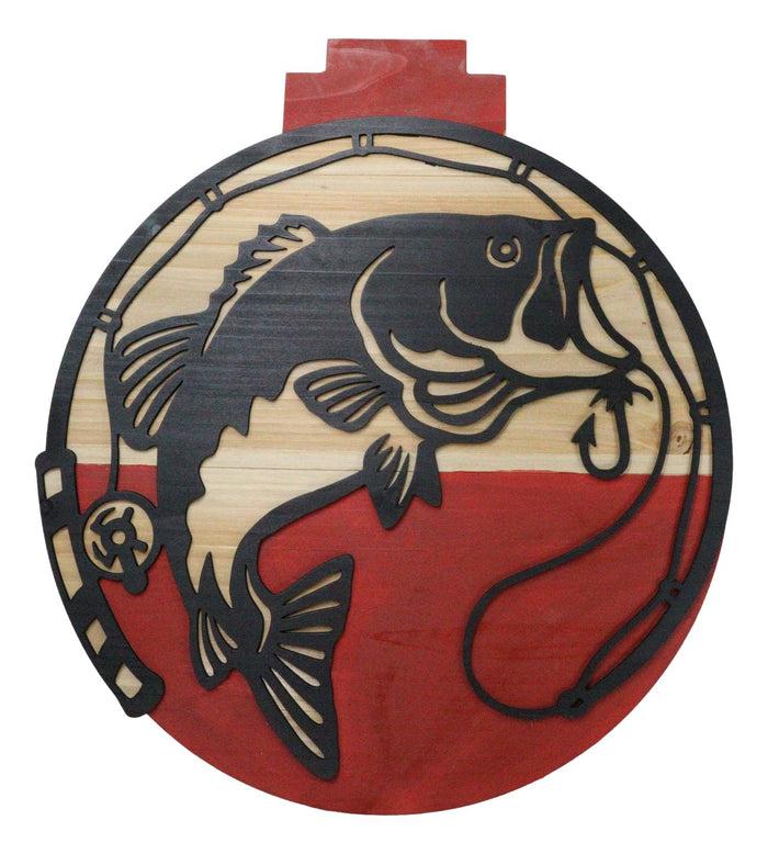 ebros gift Bobber Shaped MDF Wood Fishing Line Rod Hook and Fish Wall Decor Plaque 14.75"H