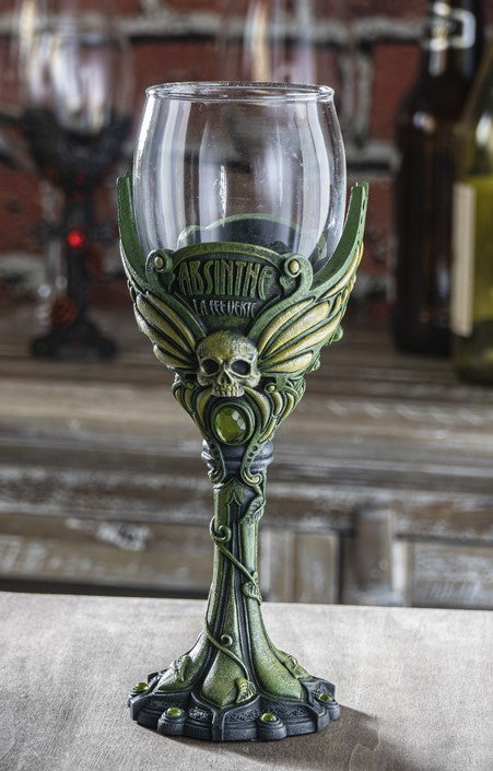 Ebros Gift Bohemian Absinthe La Fee Verte Skull With Green Gem And Vine Stem Wine Goblet
