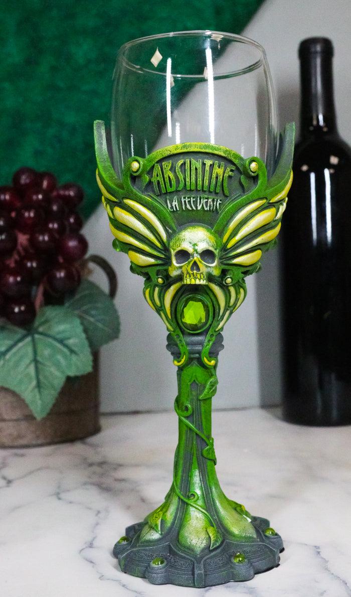 ebros gift Bohemian Absinthe La Fee Verte Skull With Green Gem And Vine Stem Wine Goblet