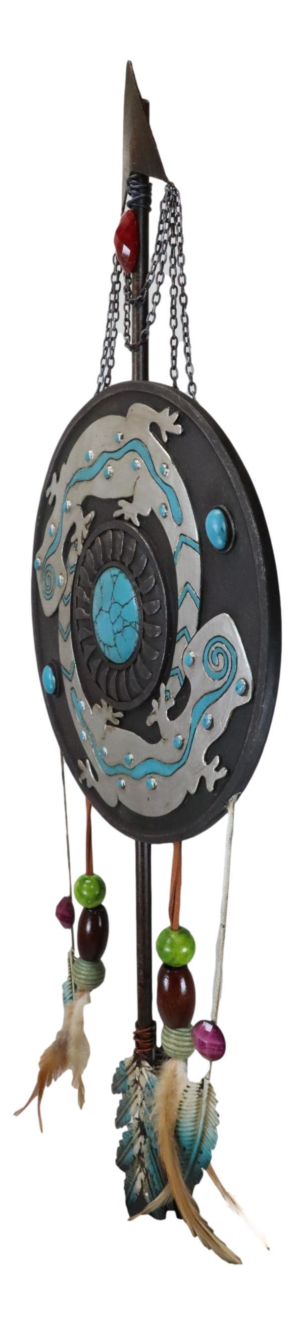 Ebros Gift Boho Chic 2 Gecko Lizards Turquoise Rock Arrow Black Dreamcatcher Wall Decor