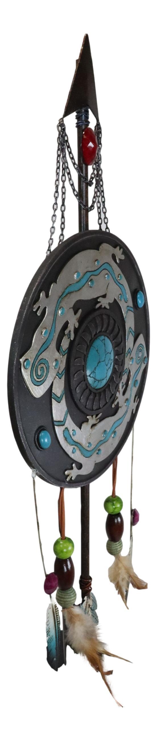 Ebros Gift Boho Chic 2 Gecko Lizards Turquoise Rock Arrow Black Dreamcatcher Wall Decor