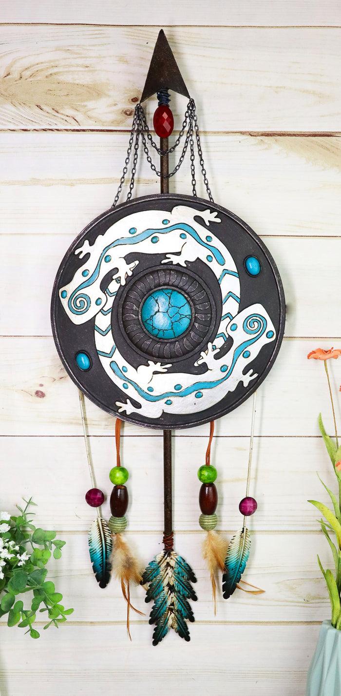 ebros gift Boho Chic 2 Gecko Lizards Turquoise Rock Arrow Black Dreamcatcher Wall Decor