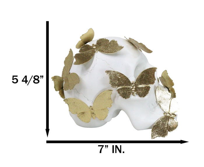Ebros Gift Boudoir Style French Papillon Gold Patina Butterflies On White Skull Figurine