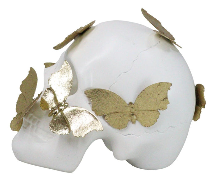 Ebros Gift Boudoir Style French Papillon Gold Patina Butterflies On White Skull Figurine
