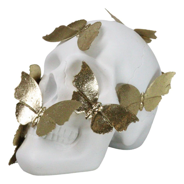Ebros Gift Boudoir Style French Papillon Gold Patina Butterflies On White Skull Figurine
