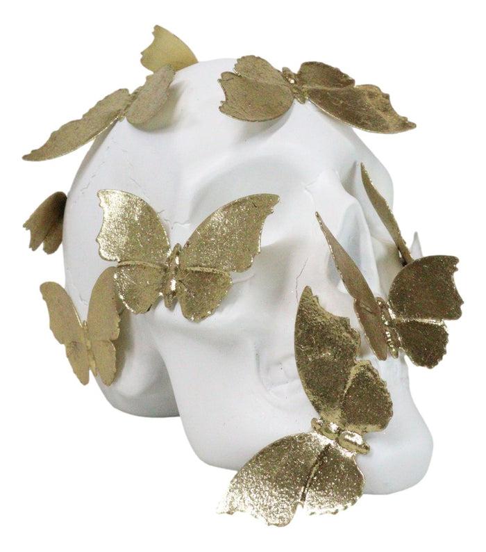 ebros gift Boudoir Style French Papillon Gold Patina Butterflies On White Skull Figurine