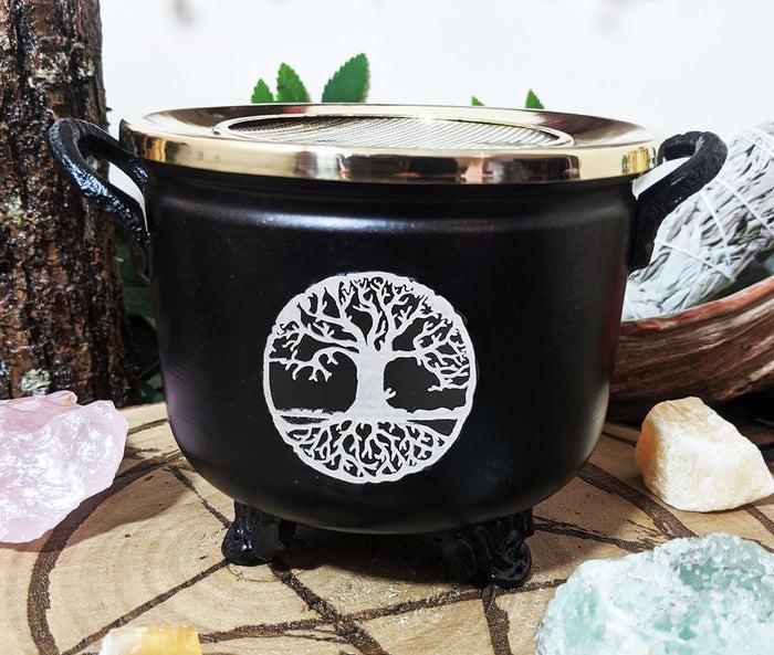 ebros gift Brass Grated Tray Celtic Golden Tree of Life Imprinted Cauldron Incense Burner
