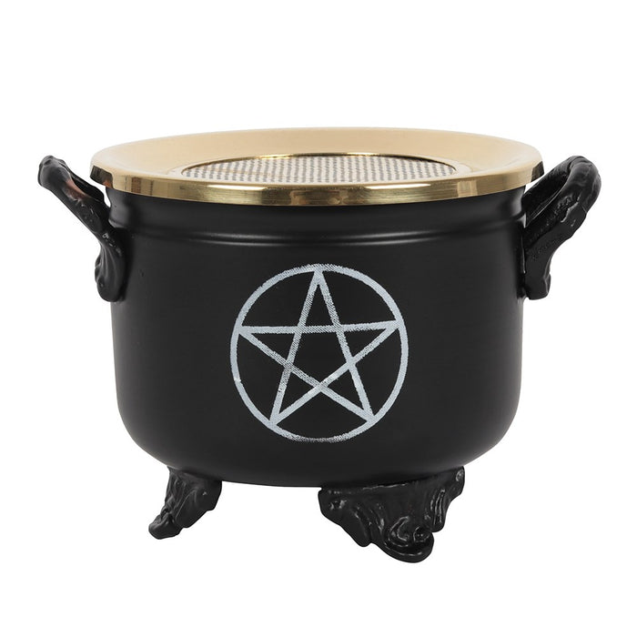 Ebros Gift Brass Grated Tray Occult Wicca Pentagram Star In Circle Cauldron Incense Burner