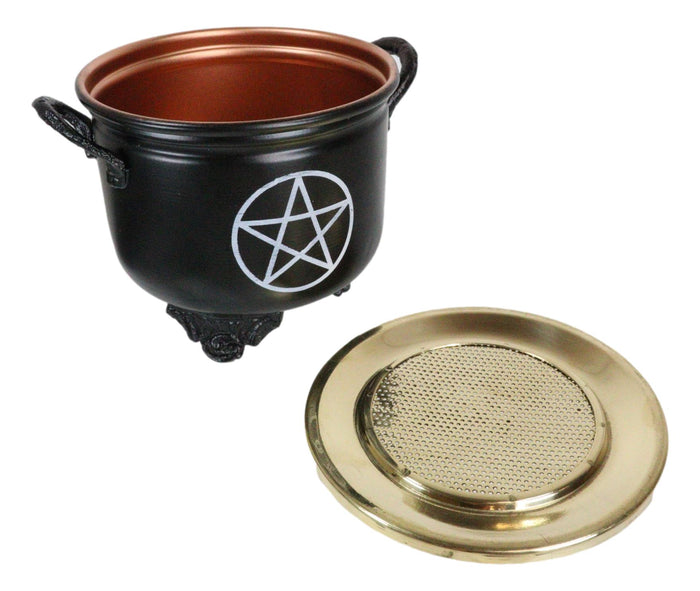Ebros Gift Brass Grated Tray Occult Wicca Pentagram Star In Circle Cauldron Incense Burner