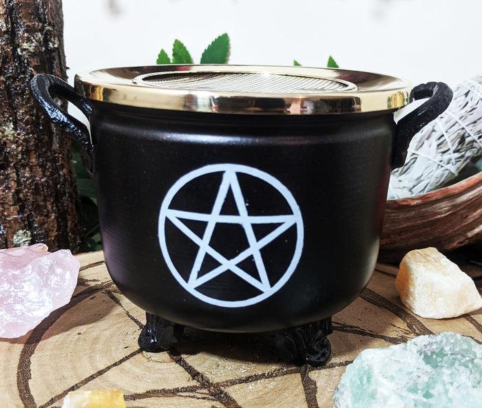 ebros gift Brass Grated Tray Occult Wicca Pentagram Star In Circle Cauldron Incense Burner