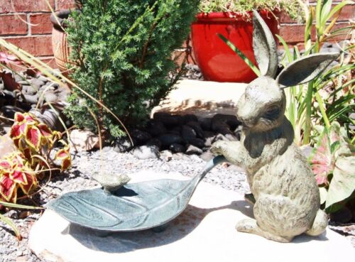 Ebros Gift Brer Rabbit Pulling Large Leaf With Blue Jay Garden Bird Bath And Feeder Statue
