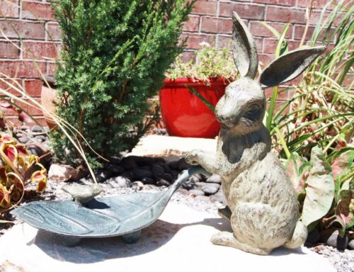 Ebros Gift Brer Rabbit Pulling Large Leaf With Blue Jay Garden Bird Bath And Feeder Statue