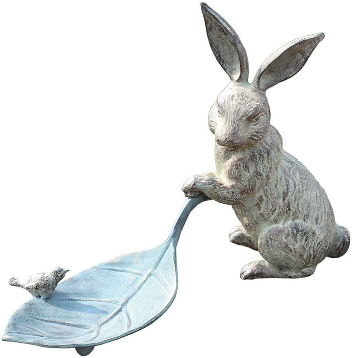 ebros gift Brer Rabbit Pulling Large Leaf With Blue Jay Garden Bird Bath And Feeder Statue