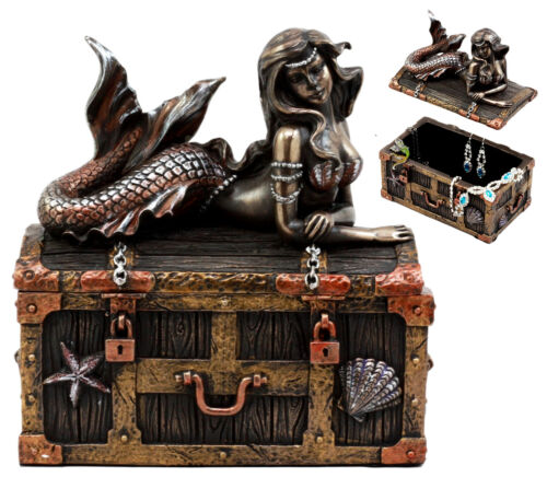 Ebros Gift Bronzed Mermaid Nerida Resting On Sunken Treasure Jewelry Box Figurine 5.25"L