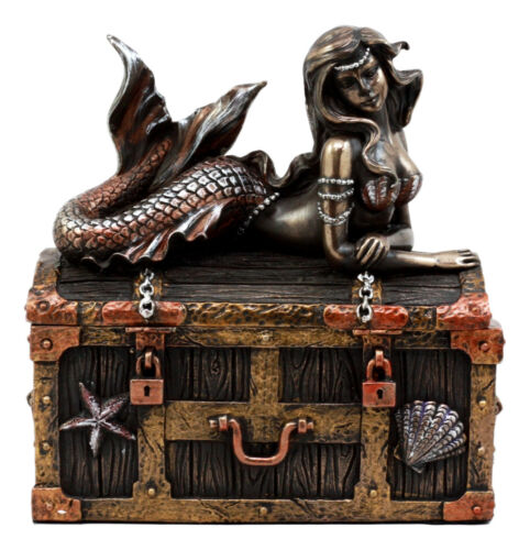Ebros Gift Bronzed Mermaid Nerida Resting On Sunken Treasure Jewelry Box Figurine 5.25"L