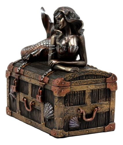 Ebros Gift Bronzed Mermaid Nerida Resting On Sunken Treasure Jewelry Box Figurine 5.25"L