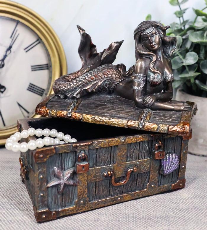 ebros gift Bronzed Mermaid Nerida Resting On Sunken Treasure Jewelry Box Figurine 5.25"L