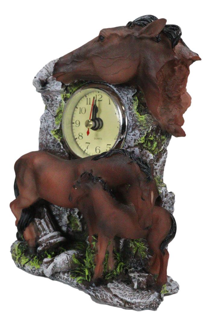 Ebros Gift Brown Chestnut Stallion Horse Mare Stallion And Foal Family Desktop Table Clock