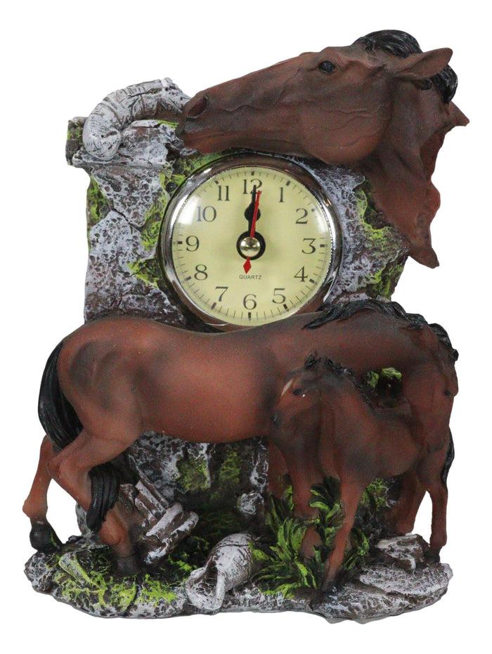 Ebros Gift Brown Chestnut Stallion Horse Mare Stallion And Foal Family Desktop Table Clock