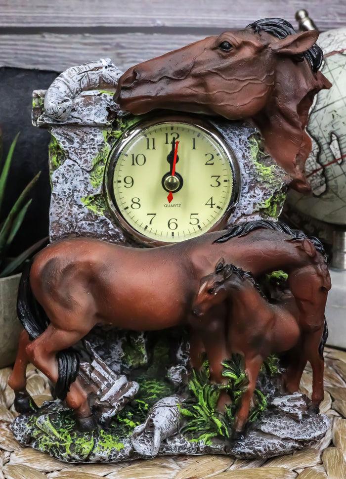 ebros gift Brown Chestnut Stallion Horse Mare Stallion And Foal Family Desktop Table Clock