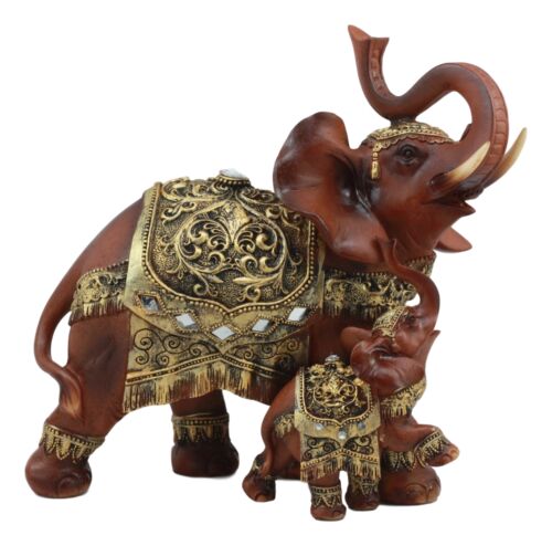 Ebros Gift Buddha Feng Shui Decorated Golden Elephant With Calf Trumpeting Statue 10"L