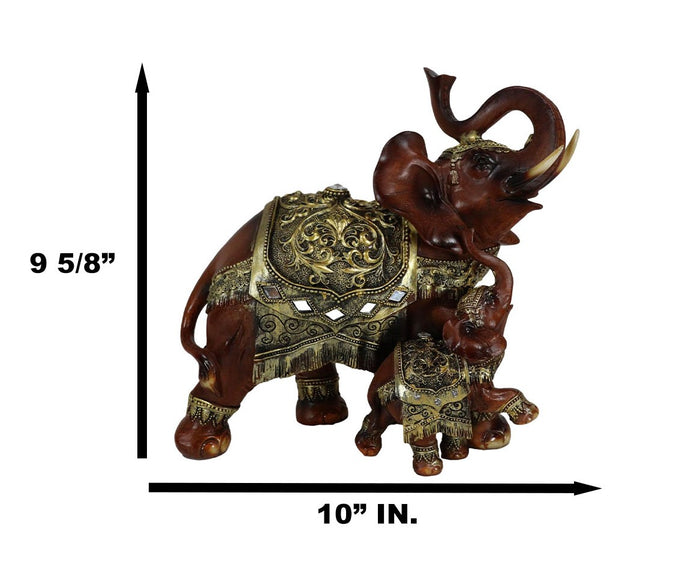 Ebros Gift Buddha Feng Shui Decorated Golden Elephant With Calf Trumpeting Statue 10"L