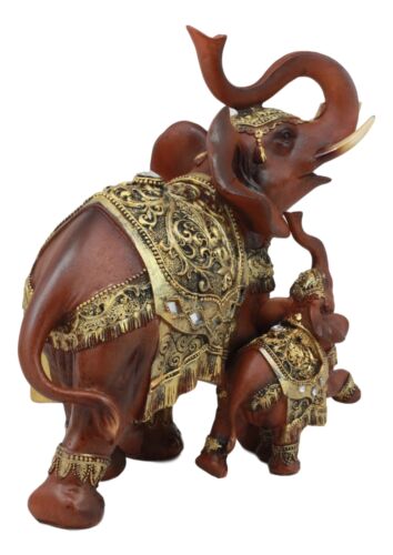 Ebros Gift Buddha Feng Shui Decorated Golden Elephant With Calf Trumpeting Statue 10"L