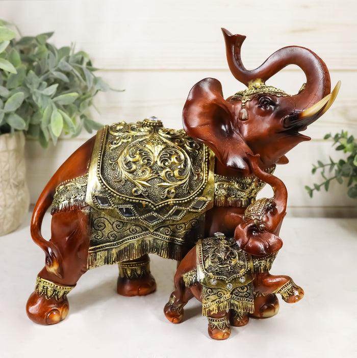 ebros gift Buddha Feng Shui Decorated Golden Elephant With Calf Trumpeting Statue 10"L