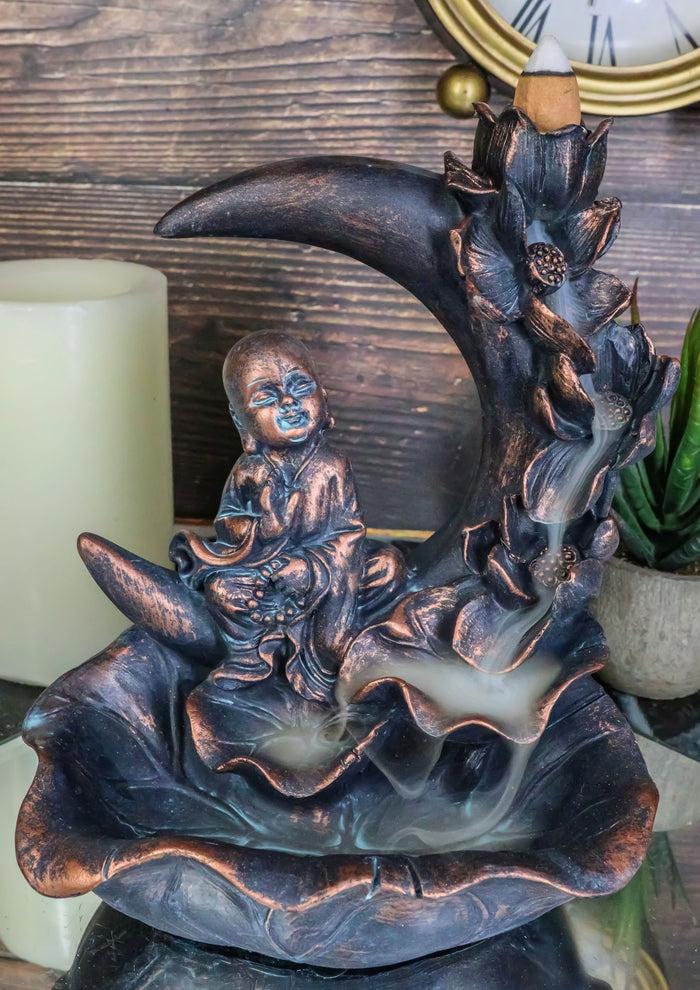 ebros gift Buddha Monk On Lotus Crescent Moon Smoke Waterfall Backflow Cone Incense Burner