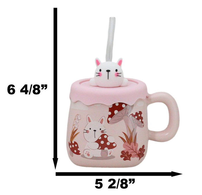 Ebros Gift Bunny Rabbit Toadstool Mushrooms Pink Ceramic Mug With Silicone Lid And Straw