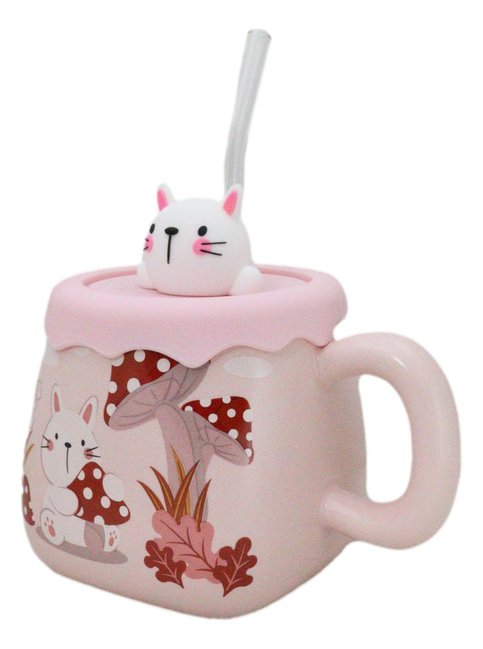 Ebros Gift Bunny Rabbit Toadstool Mushrooms Pink Ceramic Mug With Silicone Lid And Straw