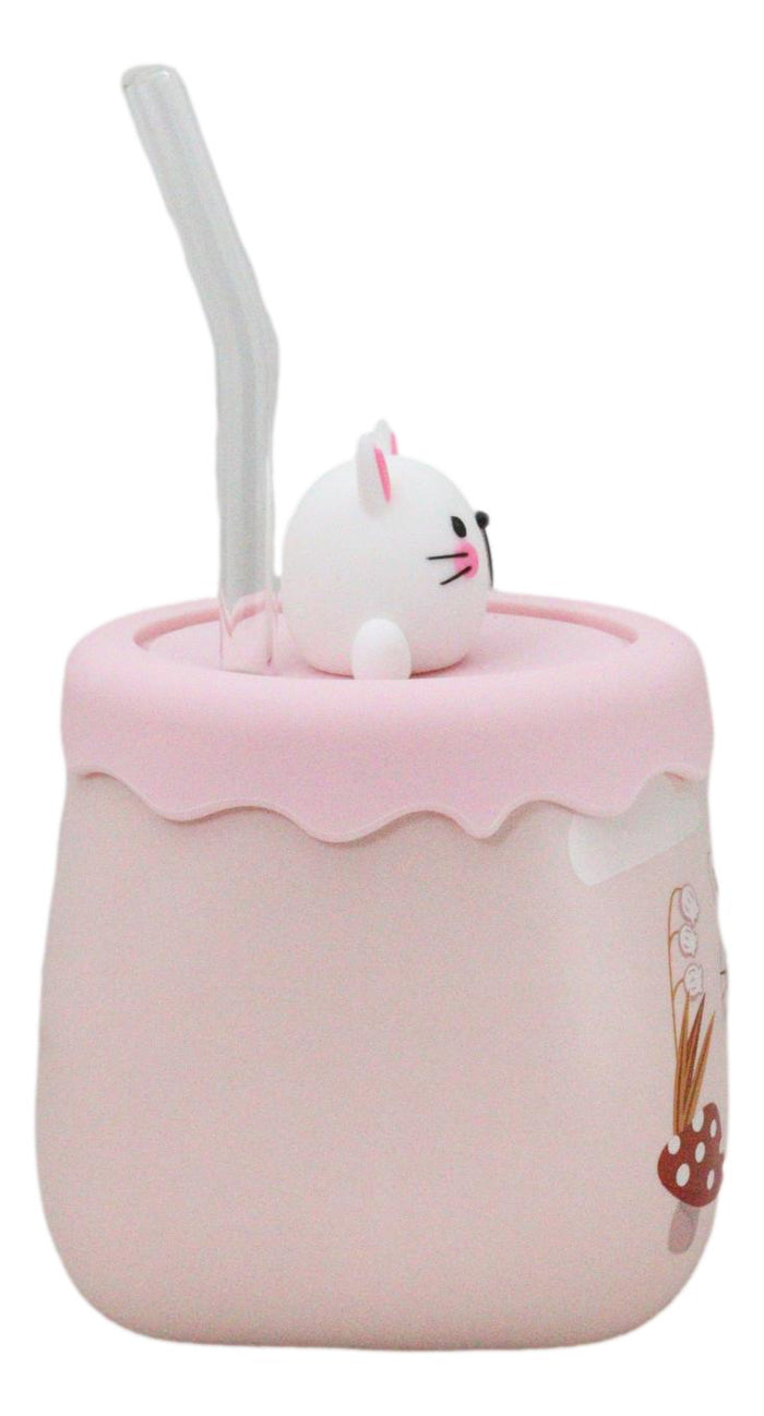 Ebros Gift Bunny Rabbit Toadstool Mushrooms Pink Ceramic Mug With Silicone Lid And Straw