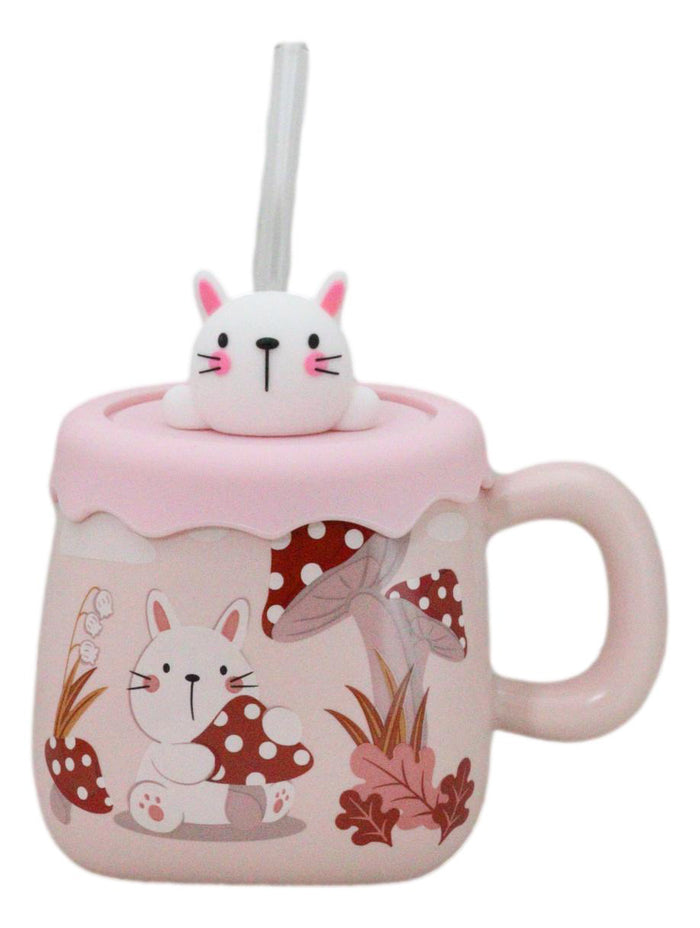 ebros gift Bunny Rabbit Toadstool Mushrooms Pink Ceramic Mug With Silicone Lid And Straw